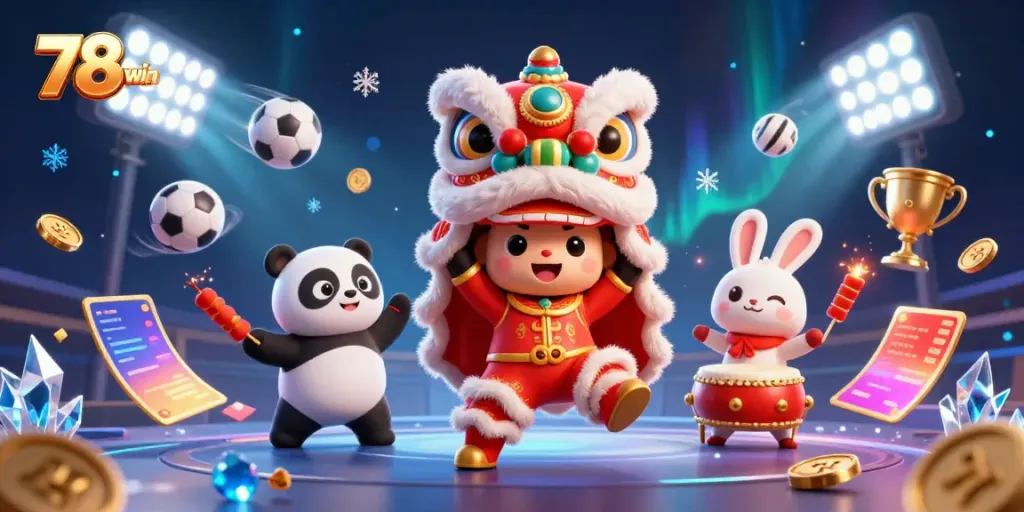 Experience thrilling gaming action at 78win with a vibrant lion dance and sports elements!