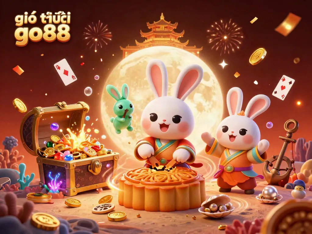 Engage with giới thiệu go88 through this vibrant 3D illustration showcasing a dynamic moon rabbit scene with casino elements.