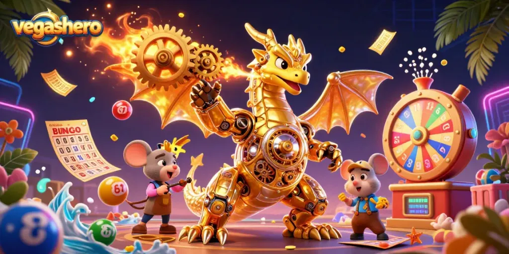 VegasHero Casino showcases exciting gaming with vibrant elements in a captivating illustration.