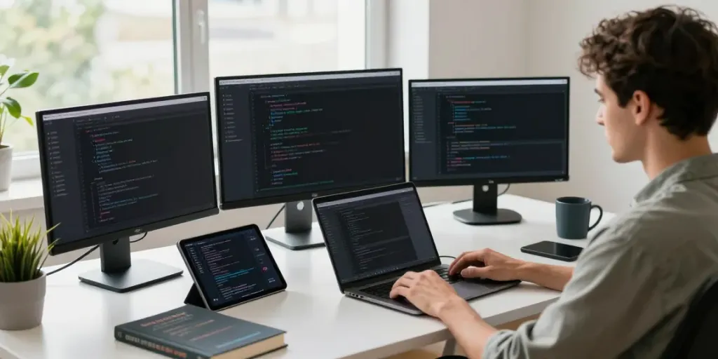 Developer at tech workspace analyzing SpotiGeek's Spotify Premium MOD APK interface with multiple screens.