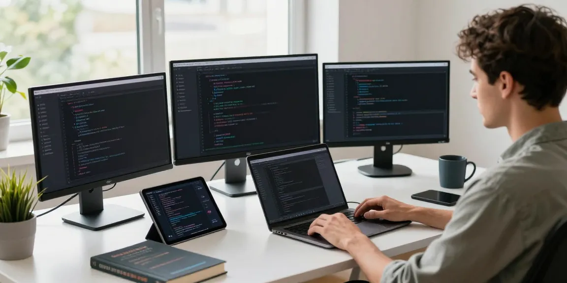 Developer at tech workspace analyzing SpotiGeek's Spotify Premium MOD APK interface with multiple screens.