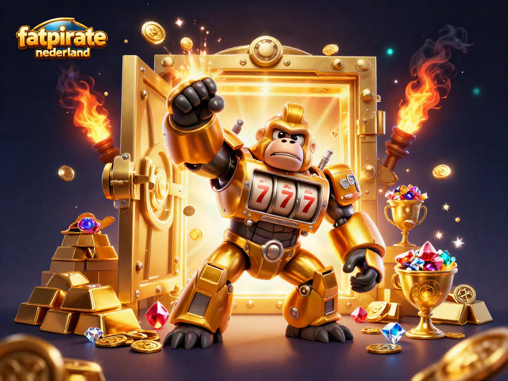Experience thrilling adventures with fatpirate nederland's golden gorilla mech casino illustration, packed with treasures!