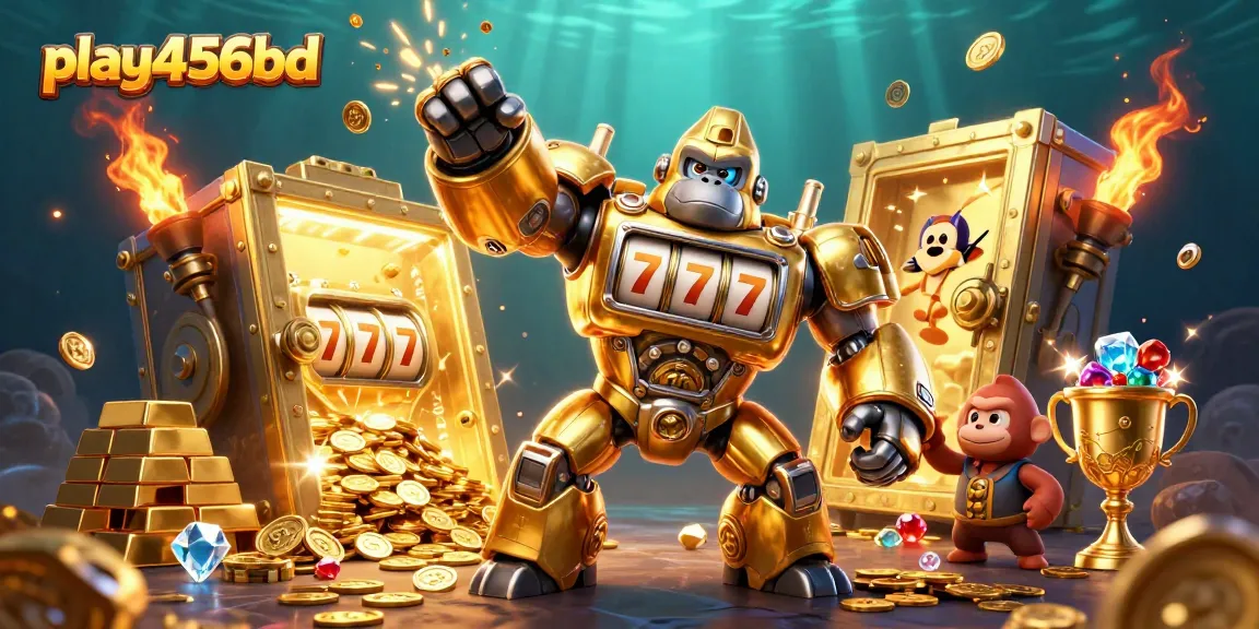 Engage with play456bd as a golden gorilla mech unleashes jackpot excitement amidst treasures and jewels.