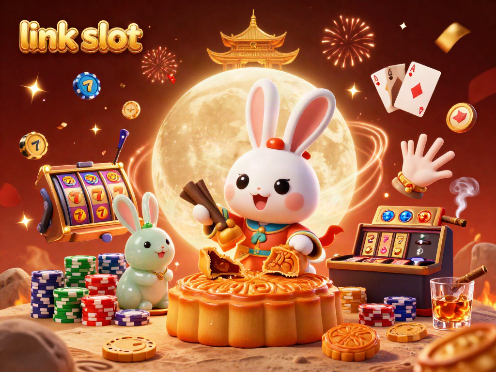 Experience excitement with link slot featuring a moon rabbit, poker chips, and confetti in a vibrant casino scene.