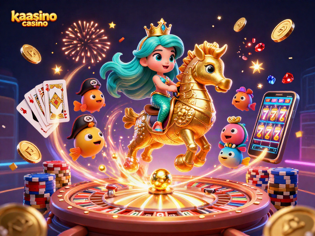 A vibrant scene showing the kaasino casino theme with a mermaid princess and seahorse surrounded by gaming elements.