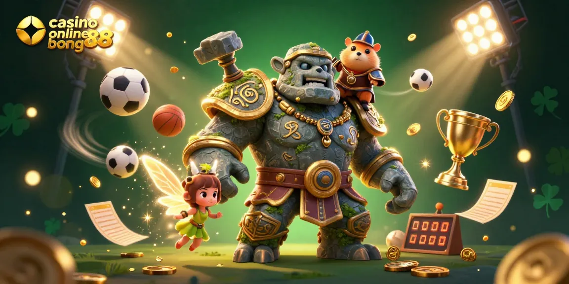 Experience the excitement of casino online bong88 with a vibrant 3D illustration featuring unique characters and dynamic gaming elements.