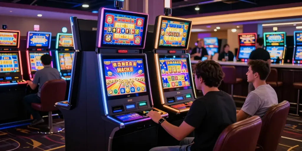 Pengalaman bermain slot88 di ruang permainan, dengan mesin slot berwarna-warni dan pemain bersemangat.