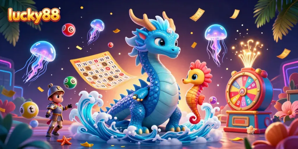 Experience exciting gameplay with lucky88 through a vibrant underwater casino scene filled with dragon, seahorse knight, and jellyfish.