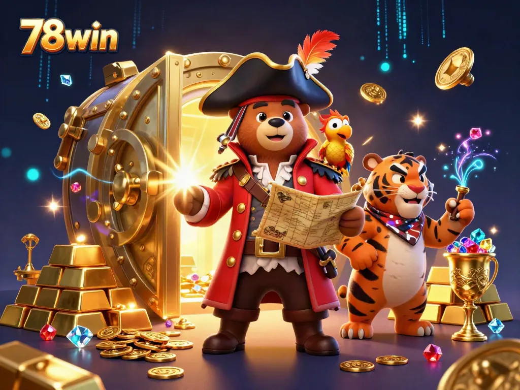 Experience the thrill of 78win with a pirate captain and tiger exploring treasures in a vibrant casino scene.