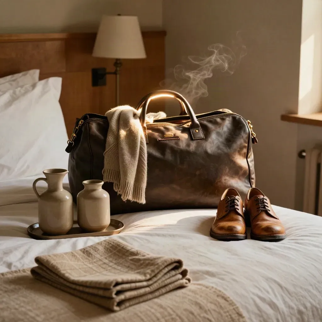 Opgemaakte hotelhoek met weekendtas, sjaal, schoenen, karaffen en plaid klaar voor vertrek.