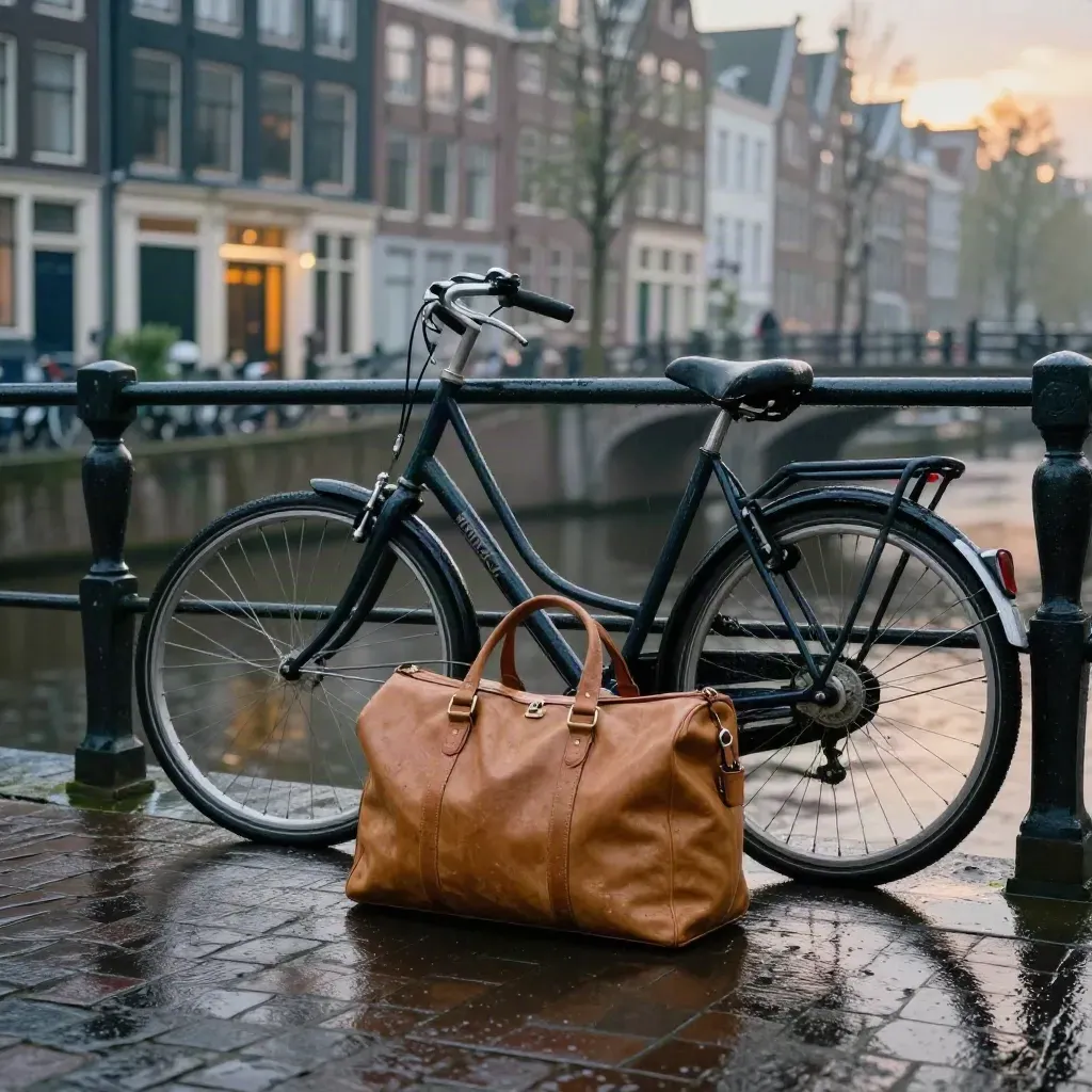 Twee fietsen en een leren weekendtas bij een Amsterdams grachtenpand na regen