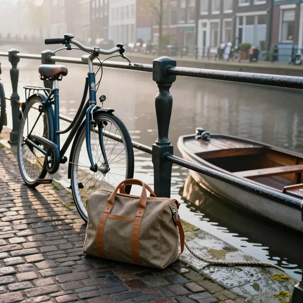 Grachtscene met huurfietsen, brug, bootje en dagtas in vroege ochtendnevel.
