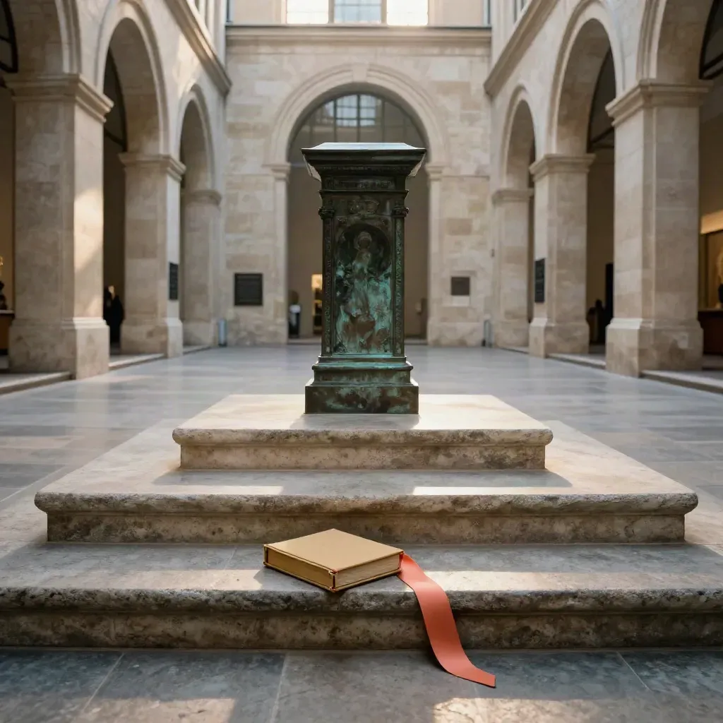 Museumcourtyard met stenen trappen, bronzen sokkel en gesloten erfgoedgids in warm middaglicht.