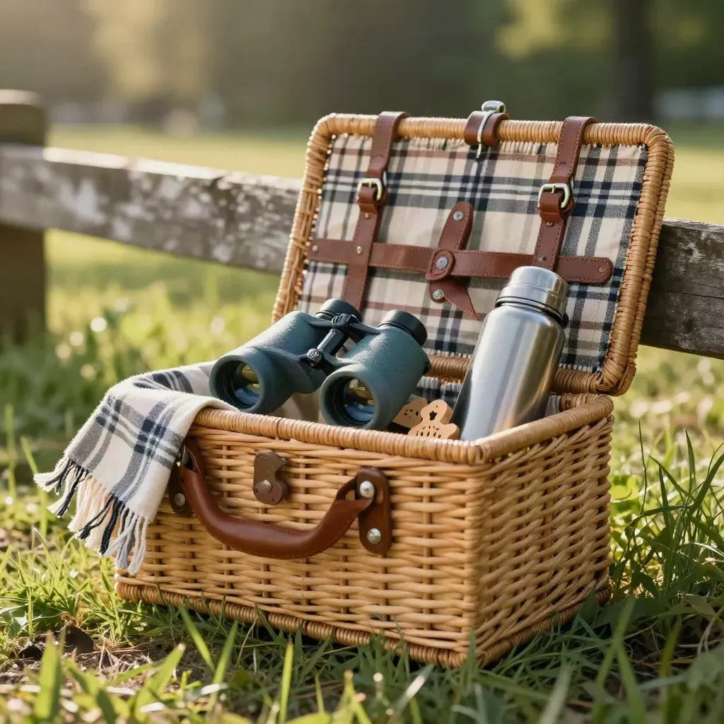Picknickmand met verrekijkers, plaid, spelstenen en thermos bij een parkhek in zomers licht.