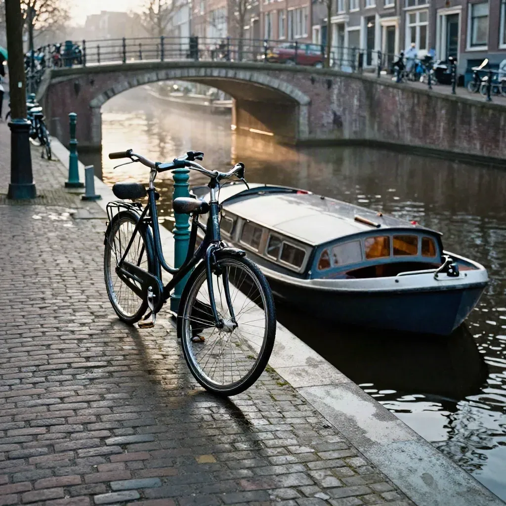 Twee fietsen en een boot aan een Amsterdamse gracht onder een bakstenen brug in mistig licht.