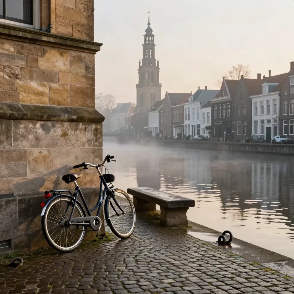 Utrechtse werfkade met fiets, stenen rand en de Domtoren boven de gracht
