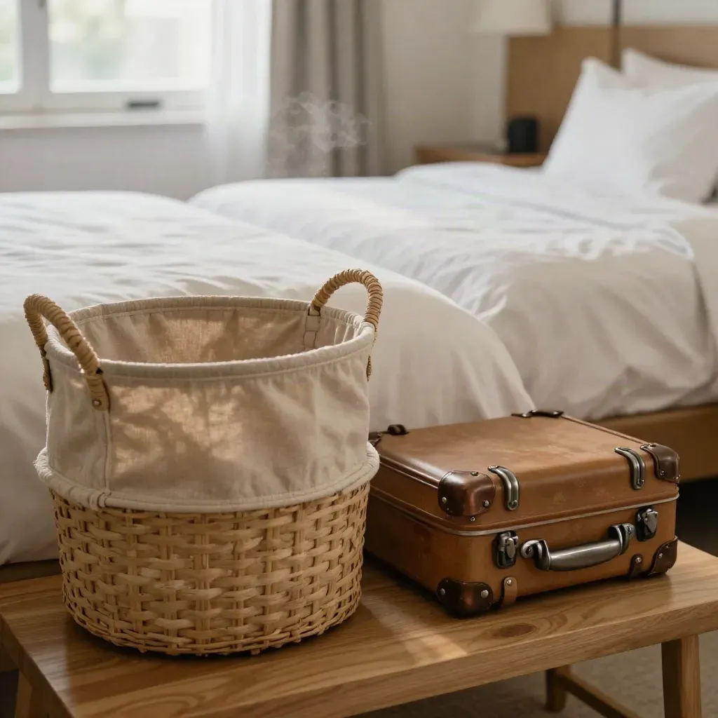 Lichte hotelkamer met opgemaakte bedden, museummandje en rolkoffer voor een Gent-weekend.