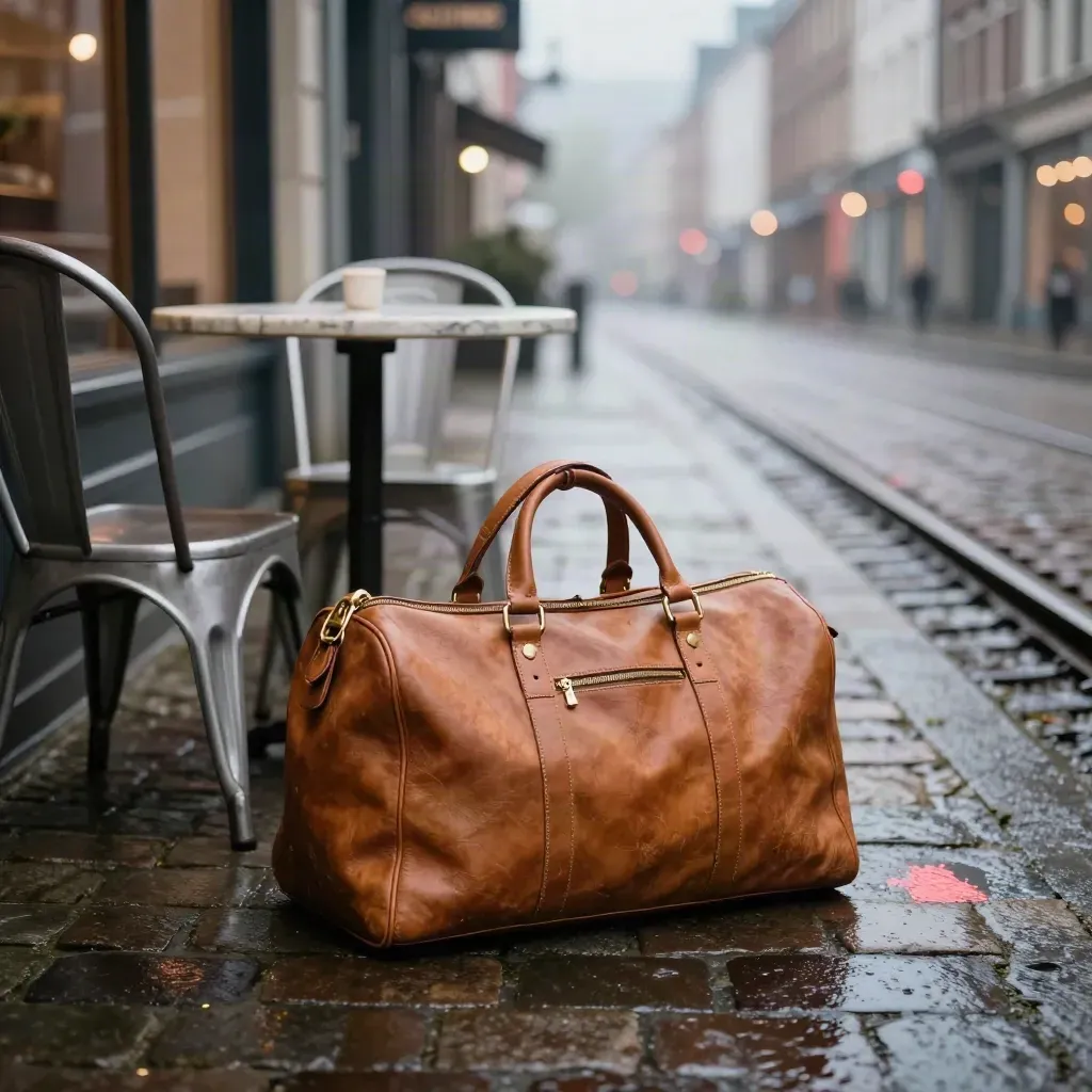 Leren duffel naast glanzende tramsporen en caféstoeltjes in Antwerpen bij avondlicht.