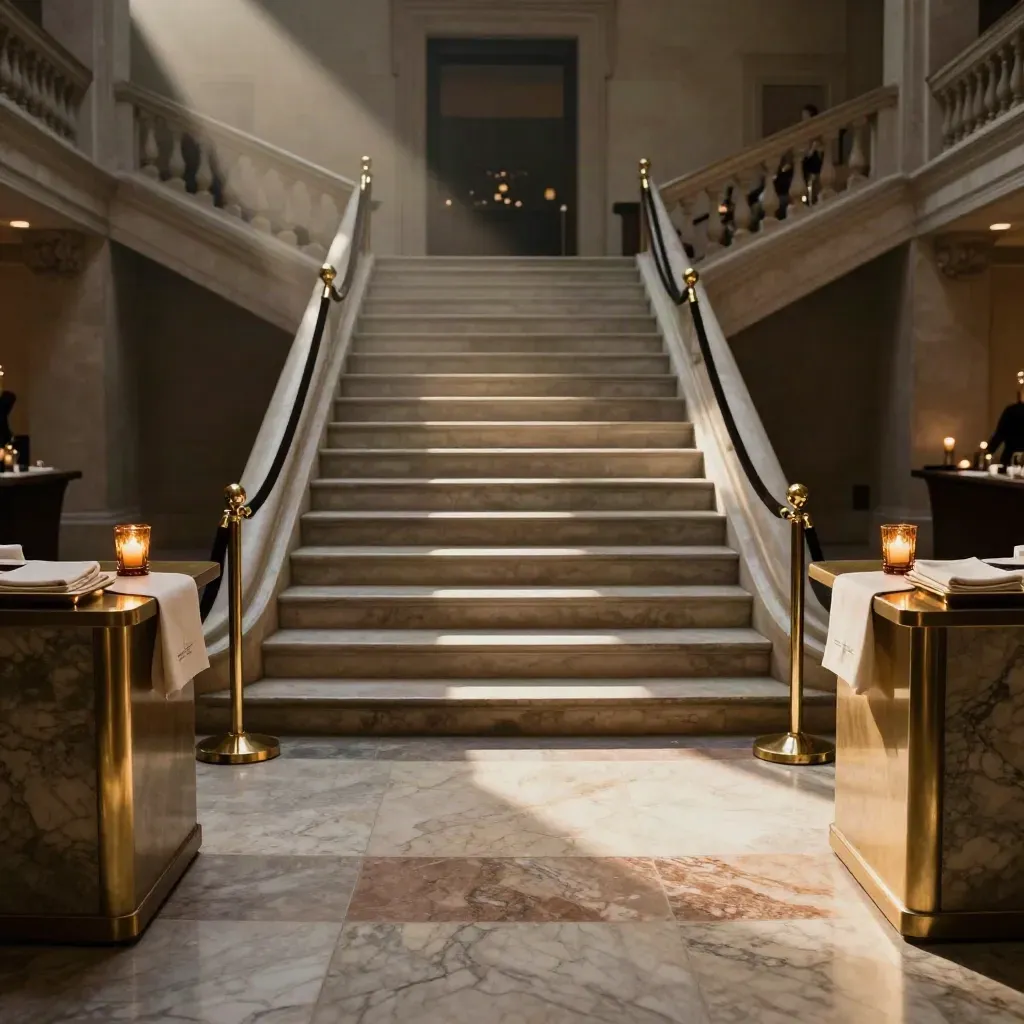 Museumnacht met trap, fluwelen koorden en verlichte ontvangsttafels in stilte