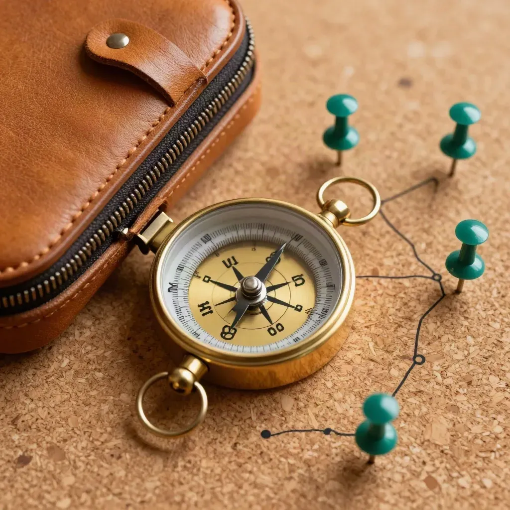 Messing kompas, leren etui en teal pins op kurk, extreem close-up van boven