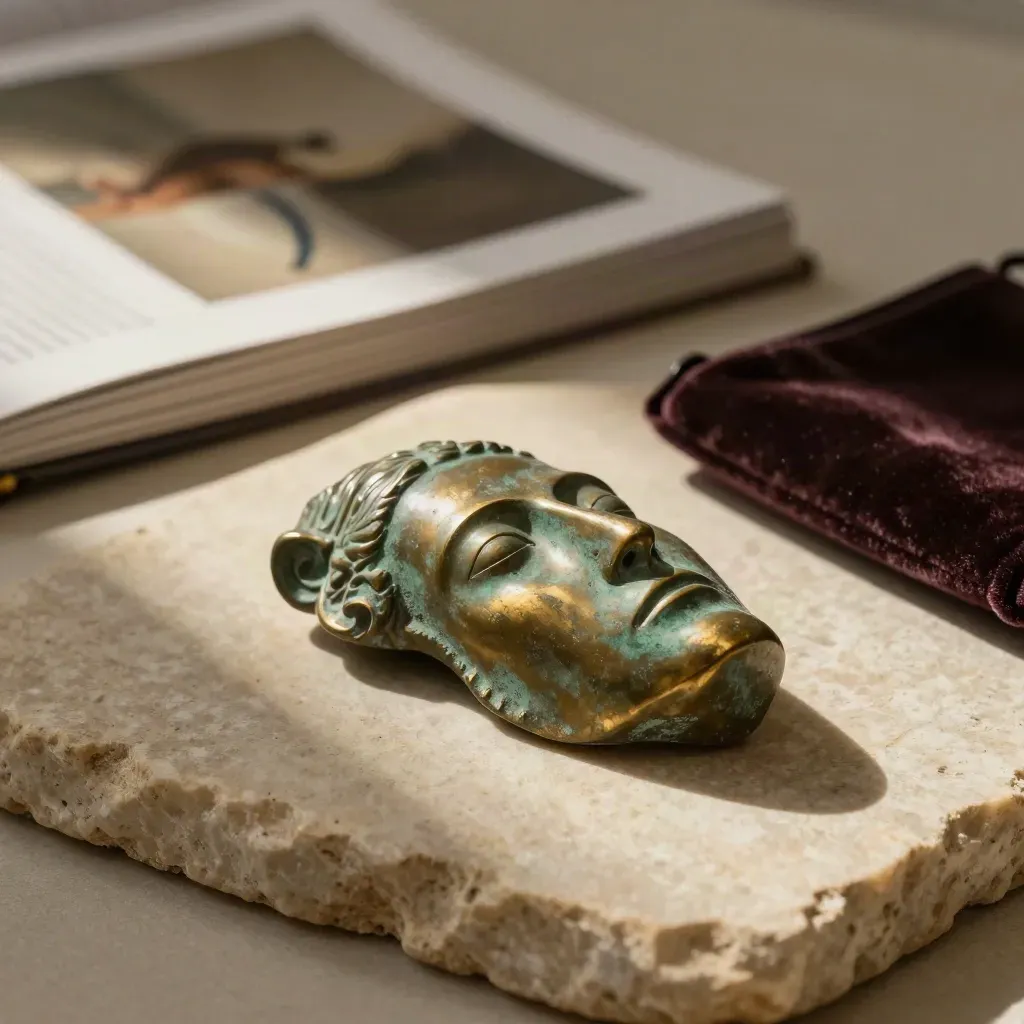 Bronzen museumfragment, gesloten catalogus en fluwelen zakje op licht stenen plaat.