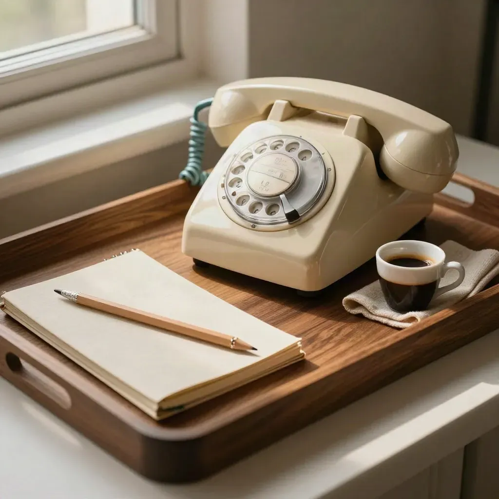 Vintage telefoon, notitieboek en espresso op houten dienblad met zacht vensterlicht.