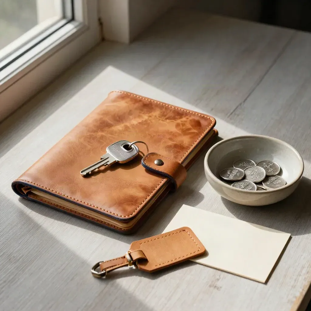 Leren reismap met hotelsleutel, bagagelabel en tokens op licht houten oppervlak.