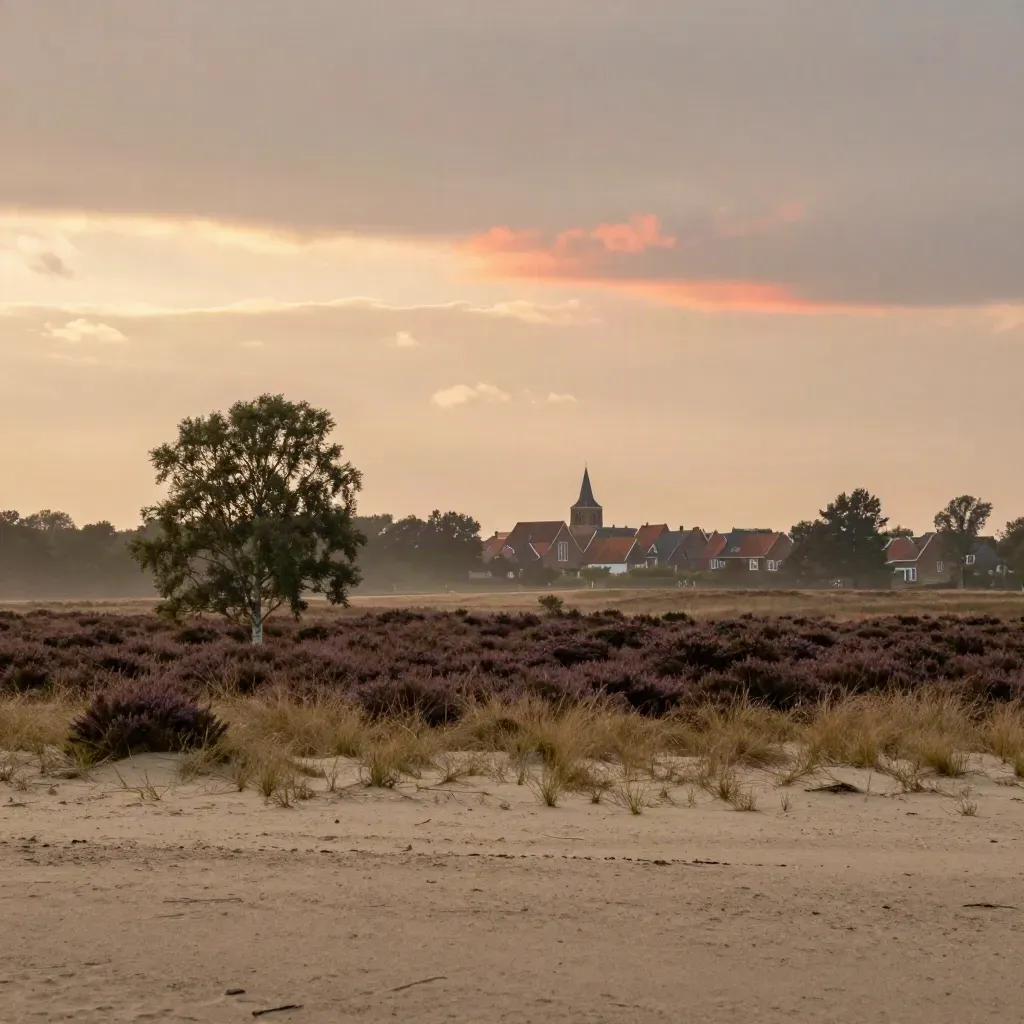 Brabantse heide met dorpskerktoren, warme daken en gouden nazomerhaze.