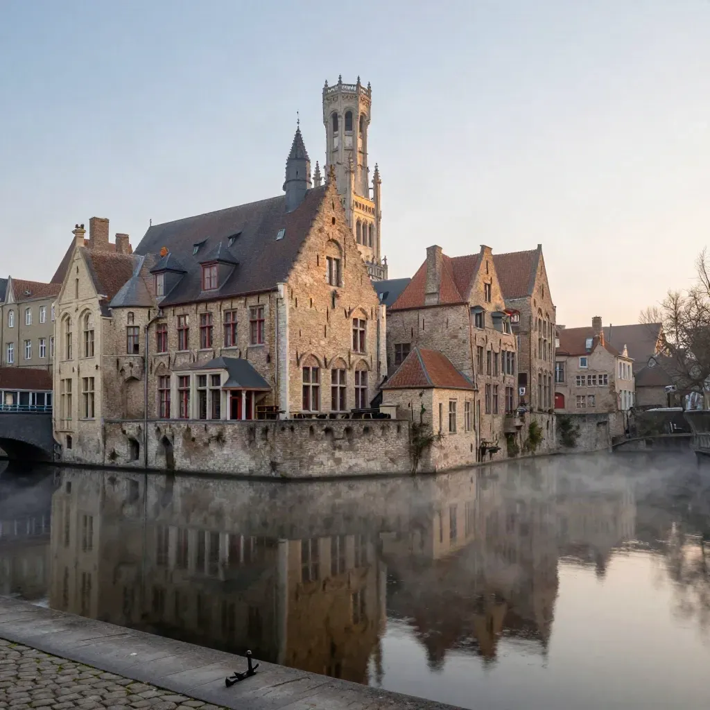 Mistig Brugge met gracht, Brugse gevels en belfort in de verte