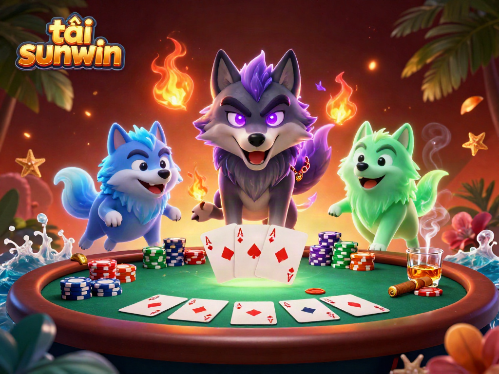 Play poker at tải sunwin with a shadow wolf leader and ghostly companions amidst colorful chips.