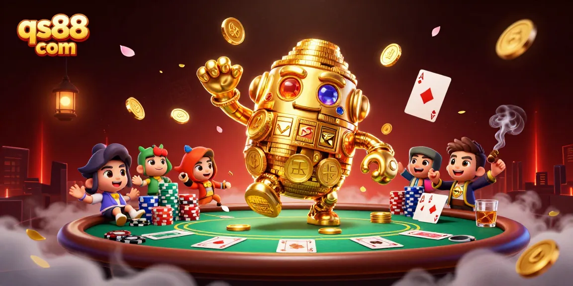 Spin the reels and win big at qs88 com with our unique 3D casino scene featuring a golden golem.