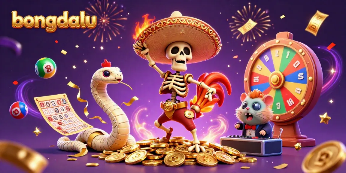 Celebrate with bongdalu in a festive 3D scene with a dancing rooster and colorful gaming elements.