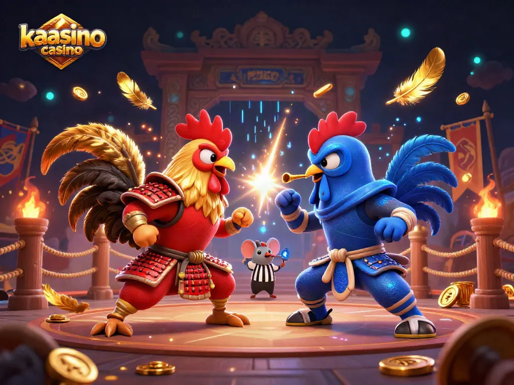 Engage in thrilling gameplay at kaasino casino with dynamic cartoon roosters in battle amidst golden feathers and vibrant casino elements.