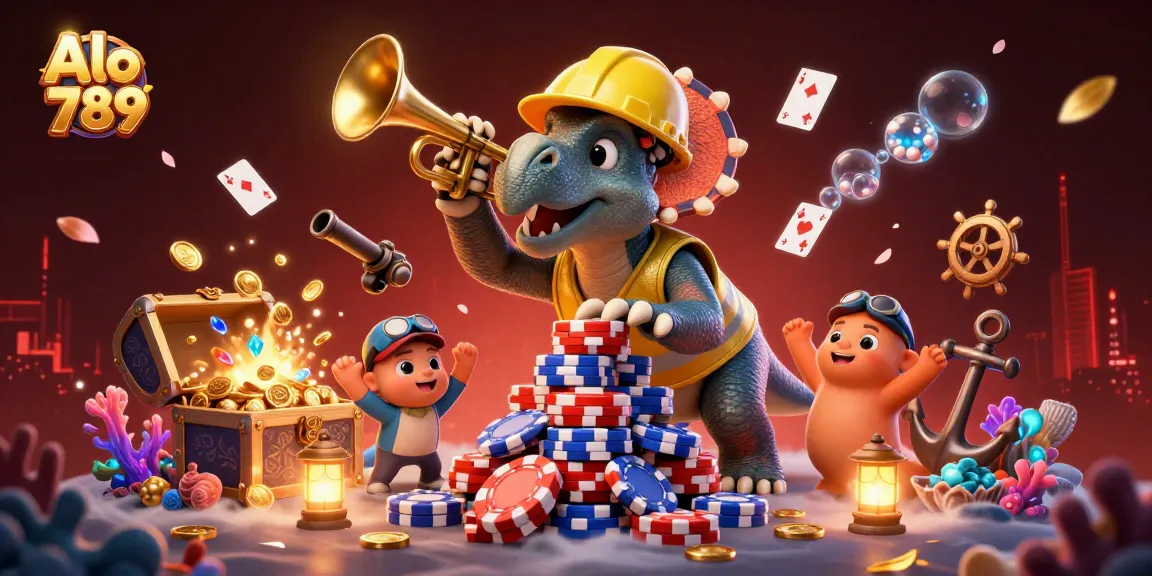 Alo 789 showcases a vibrant casino scene with cartoon dinosaurs celebrating a poker chips pyramid.