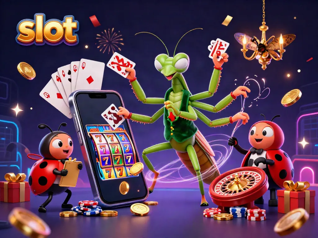 Engage with vibrant slot games featuring a giant praying mantis, ladybug pit boss in a lively casino scene.