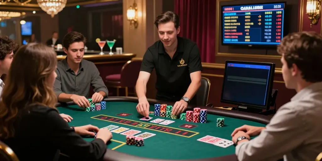 Engaging scene of MAN88 online casino with players at a vibrant gaming table.