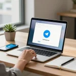 Download Telegram on a laptop at a modern home office workspace, showcasing productivity and effective communication.