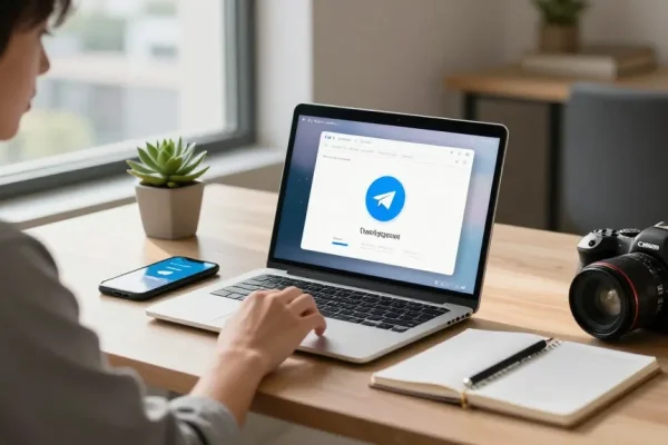 Download Telegram on a laptop at a modern home office workspace, showcasing productivity and effective communication.