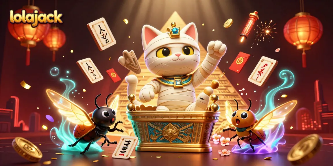 Experience thrilling gaming at lolajack with an Egyptian mummy cat busting out of a sarcophagus amidst vibrant casino elements.