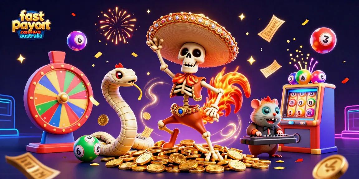 Experience fast payout casinos Australia with vibrant celebration elements in 3D illustration.