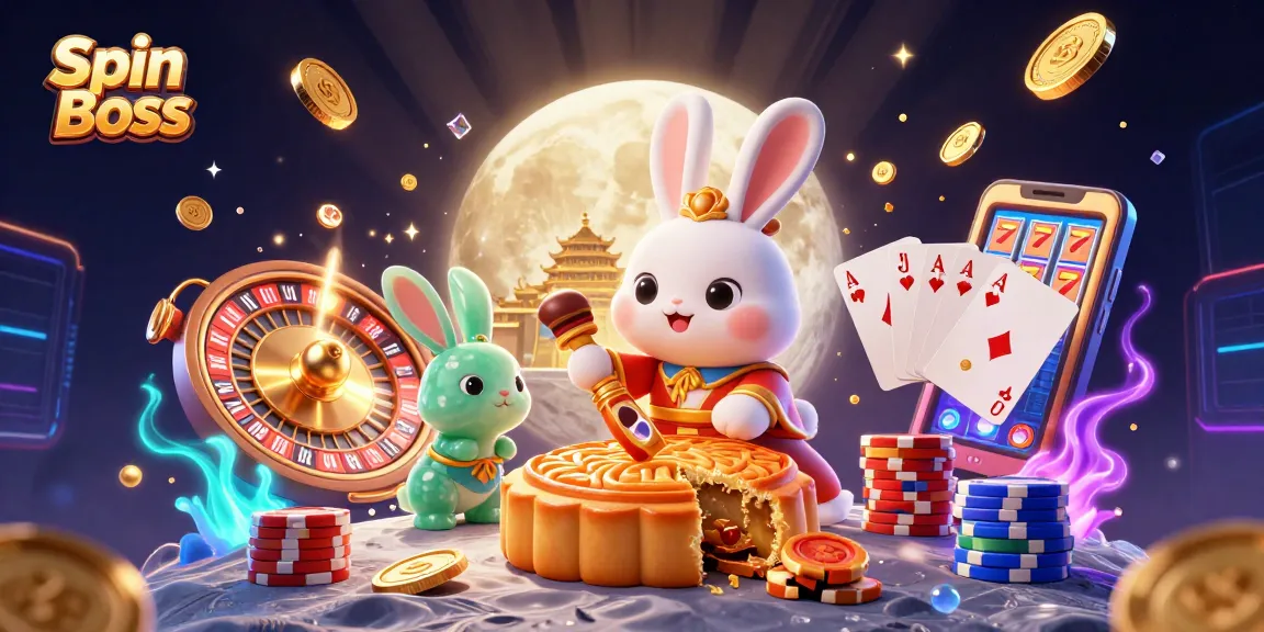 Experience the thrill of Spin Boss as the moon rabbit reveals poker chips and gem stones in this elaborate casino illustration.