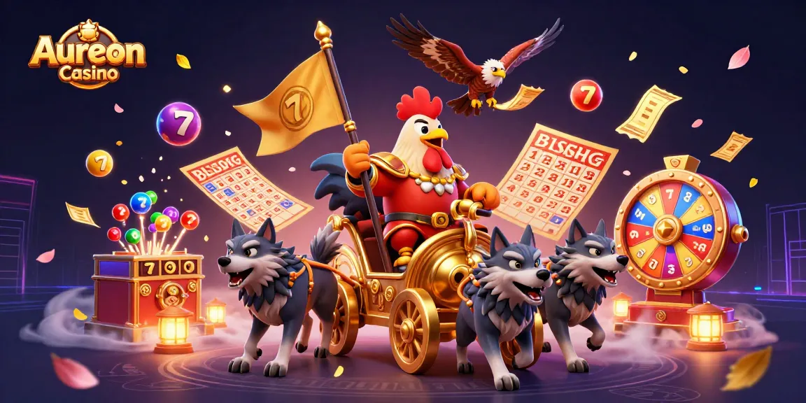Aureon Casino's engaging scene features a rooster warlord, wolves, and vibrant gaming elements.