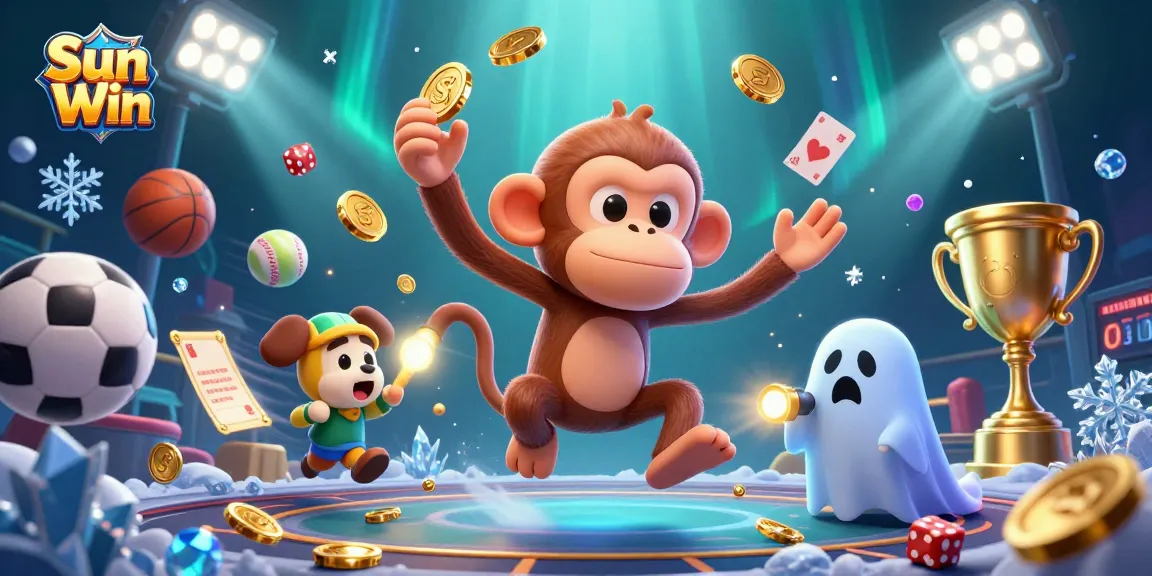 Sun Win showcases a mischievous ghostly monkey juggling gold in a vibrant casino atmosphere.