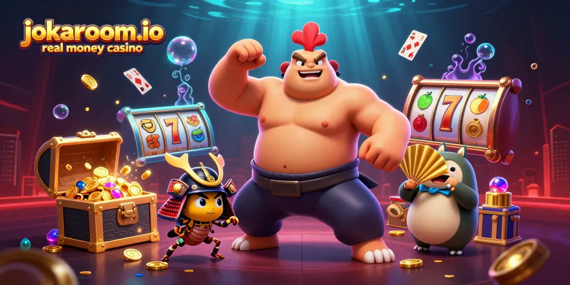 Engage with the thrill at jokaroom.io real money casino surrounded by dynamic gaming elements and animated characters.
