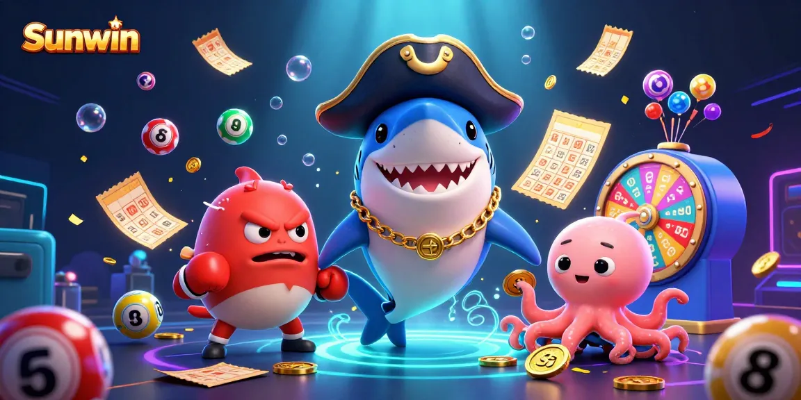 Experience thrilling wins at Sunwin with a vibrant illustration showcasing friends gathering lottery prizes.