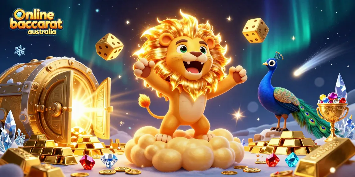 Experience the thrill of online baccarat Australia with a roaring sun lion amidst a vibrant casino scene.